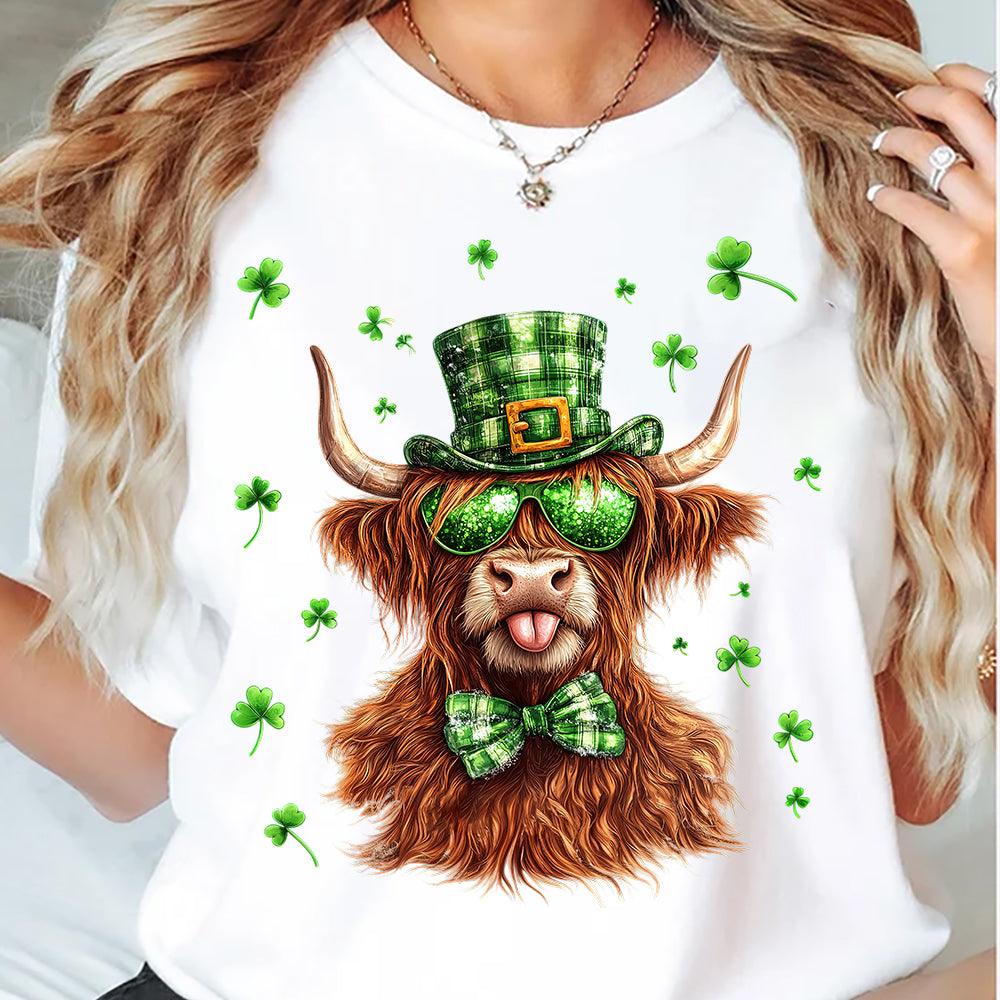 Funny St. Patrick's Day Highland Cow T-shirt, Green Shamrock, Patricks Day Gift For Cow Lovers