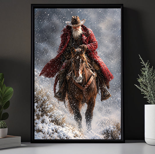 Vintage Christmas Cowboy Canvas Painting, Santa Claus Riding Horse In Snow Wall Art Decor, Xmas Poster Gift For Cowboys