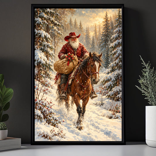Christmas Cowboy Canvas Painting, Santa Claus Riding Horse With Gift Sack In Snow Wall Art Decor, Xmas Poster Gift For Cowboys