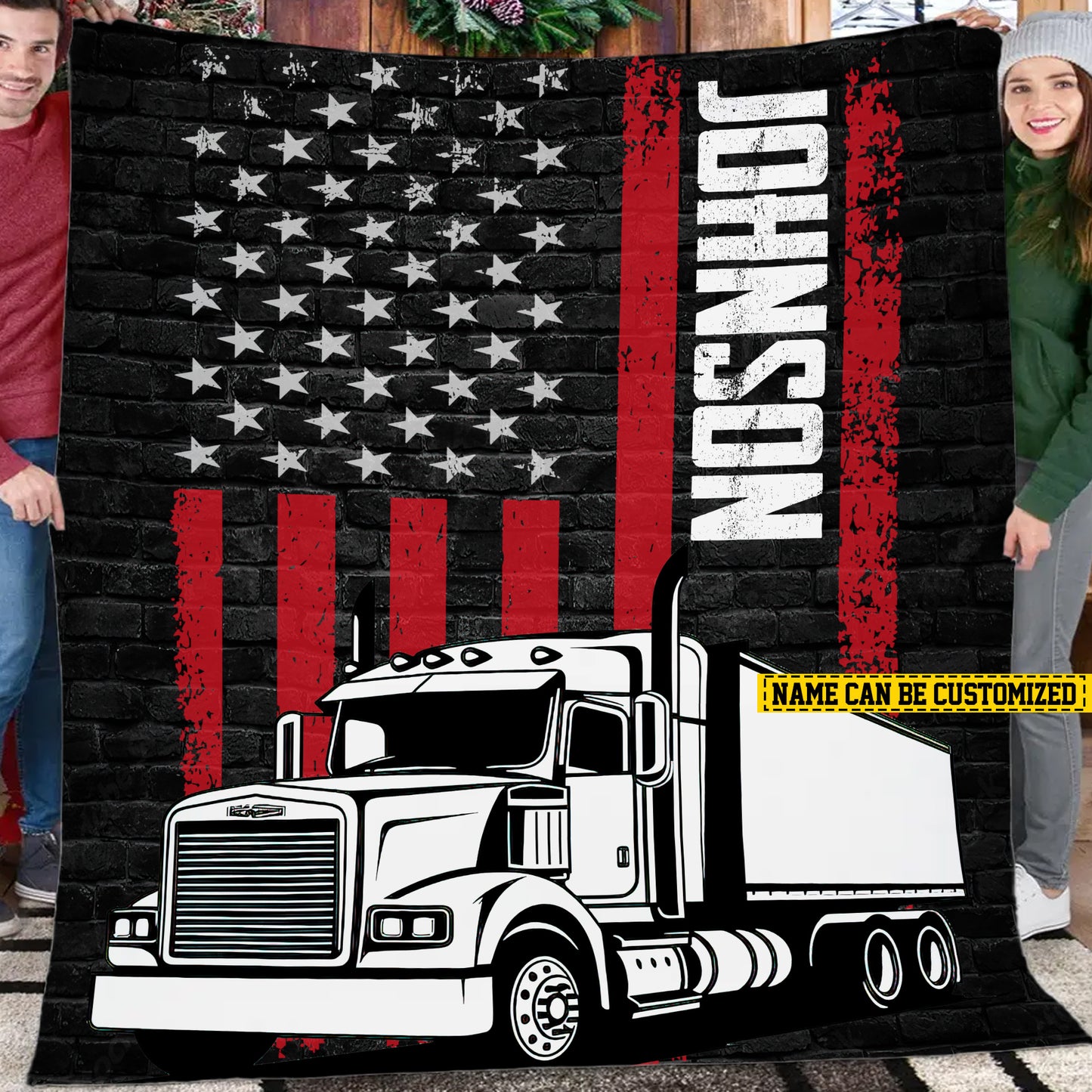 Personalized Trucker Fleece Blanket, Red, White, and Truck: An American Dream Woven Blanket, Cool Sherpa Blanket Gift For Truck Drivers