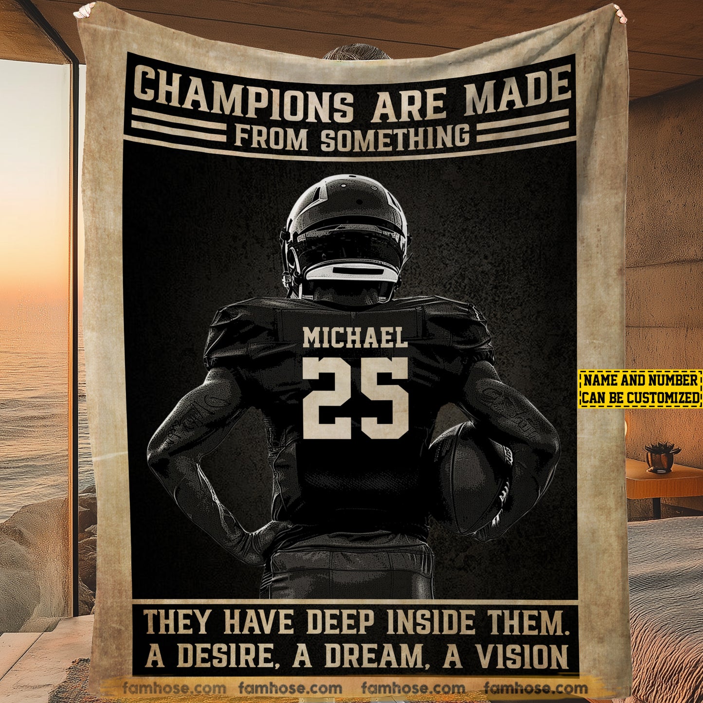 Motivational Personalized Football Boy Fleece Blanket, Champions Are Made From Something Woven Blanket, Cool Sherpa Blanket Gift For Football Lovers