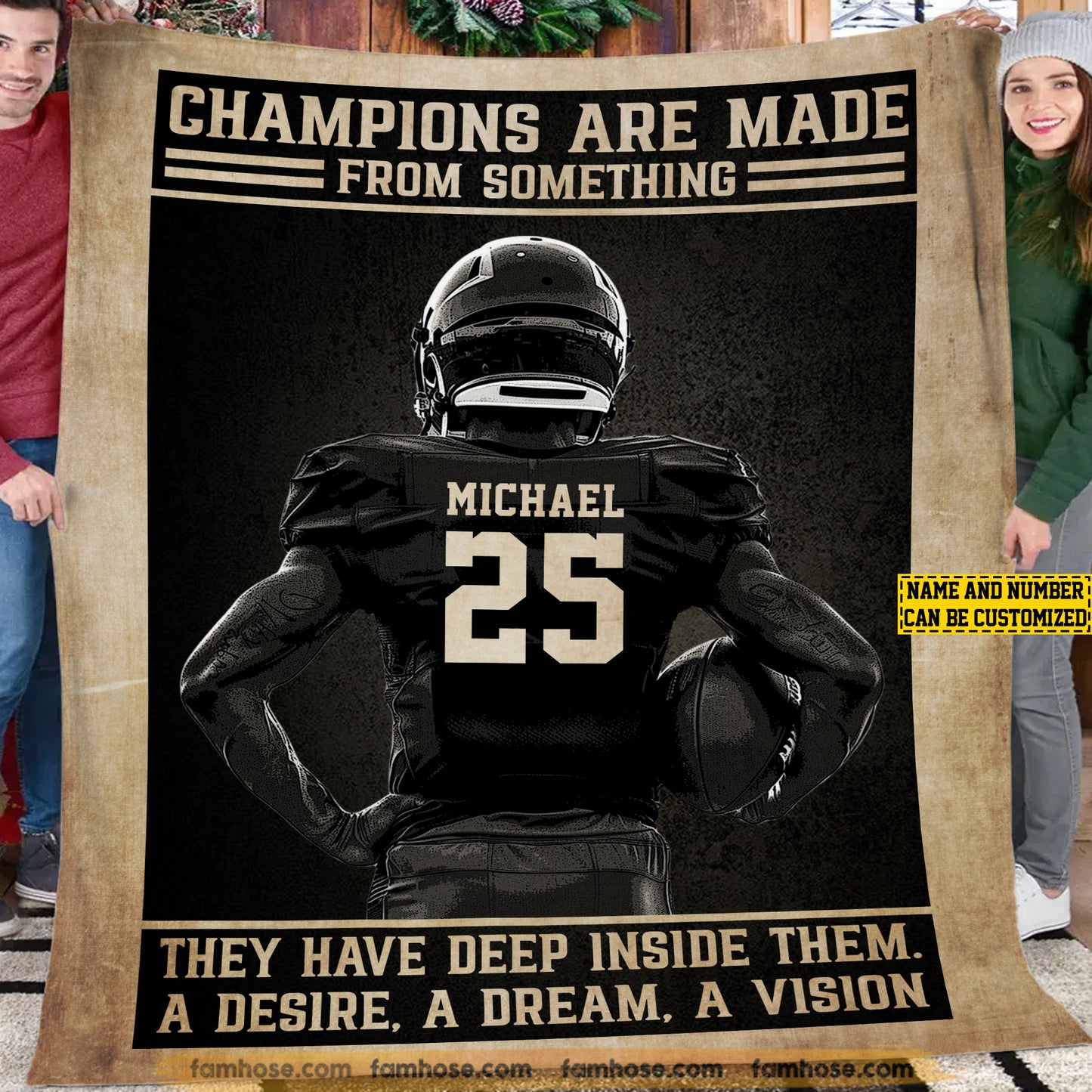Motivational Personalized Football Boy Fleece Blanket, Champions Are Made From Something Woven Blanket, Cool Sherpa Blanket Gift For Football Lovers