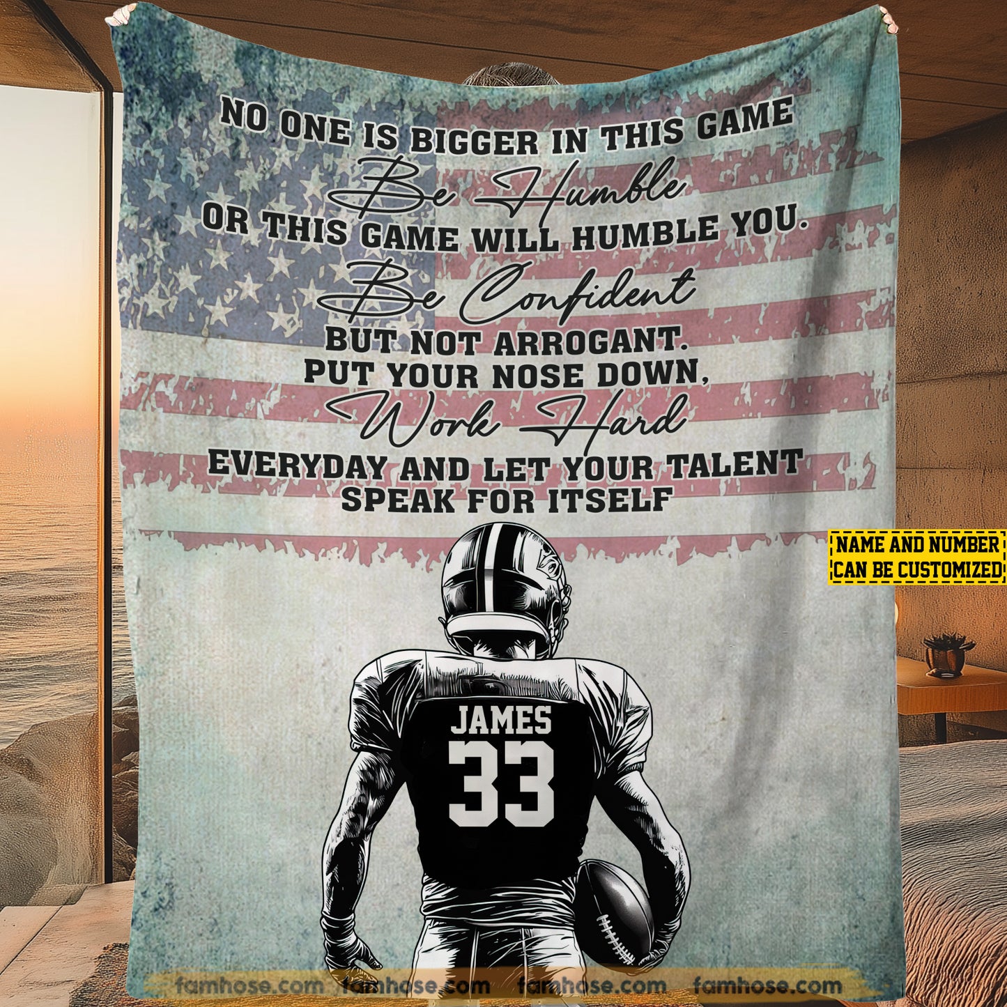 Personalized Football Boy Fleece Blanket, No One Is Bigger In This Game Sport Woven Blanket, Cool Sherpa Blanket Gift For Football Lovers