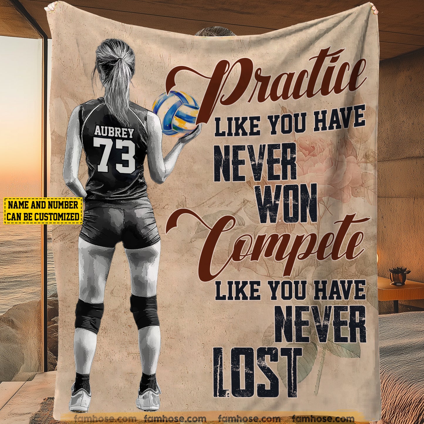 Motivational Personalized Volleyball Girl Fleece Blanket, Practice Like You Have Never Won Sport Woven Blanket, Cozy Sherpa Blanket Gift For Volleyball Lovers