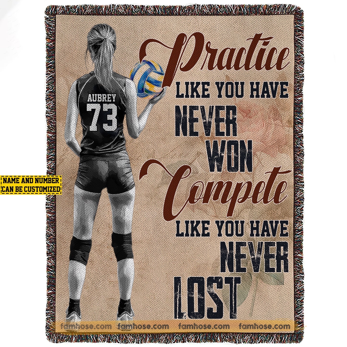 Motivational Personalized Volleyball Girl Fleece Blanket, Practice Like You Have Never Won Sport Woven Blanket, Cozy Sherpa Blanket Gift For Volleyball Lovers