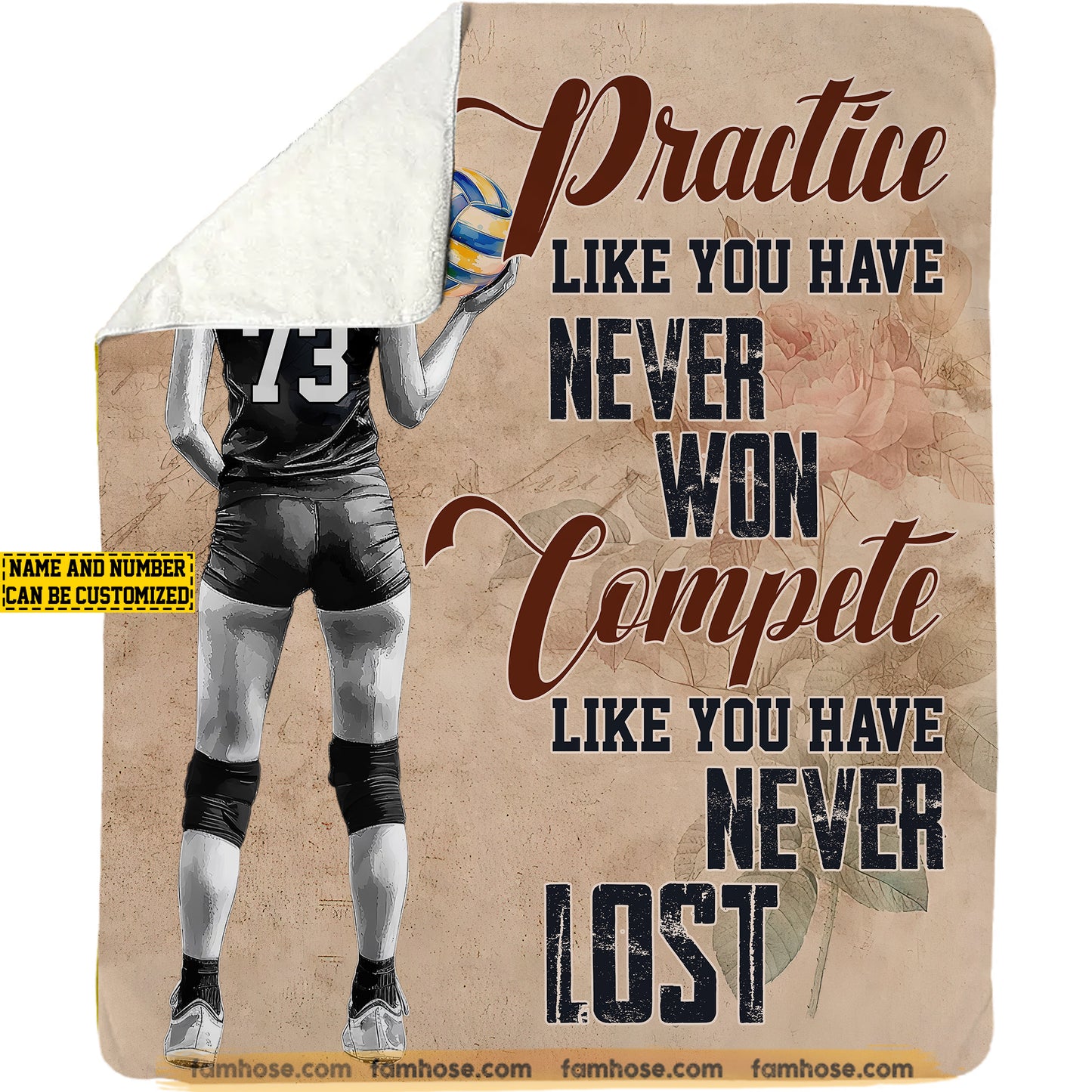 Motivational Personalized Volleyball Girl Fleece Blanket, Practice Like You Have Never Won Sport Woven Blanket, Cozy Sherpa Blanket Gift For Volleyball Lovers