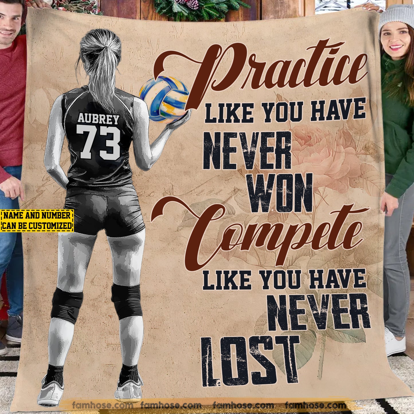 Motivational Personalized Volleyball Girl Fleece Blanket, Practice Like You Have Never Won Sport Woven Blanket, Cozy Sherpa Blanket Gift For Volleyball Lovers