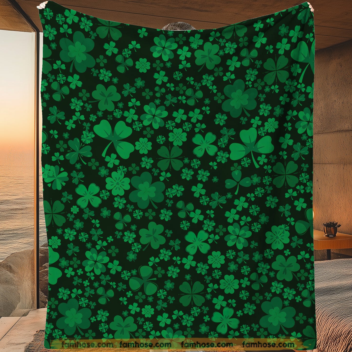 St Patrick's Day Fleece Blanket, Green Clover Pattern Woven Blanket, Cool Sherpa Blanket Gift For Irish Lovers
