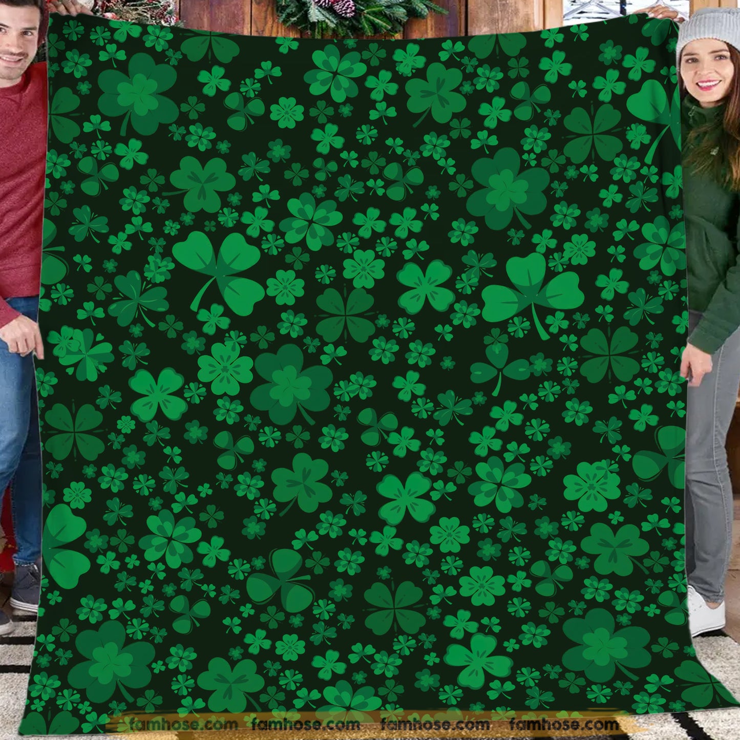 St Patrick's Day Fleece Blanket, Green Clover Pattern Woven Blanket, Cool Sherpa Blanket Gift For Irish Lovers