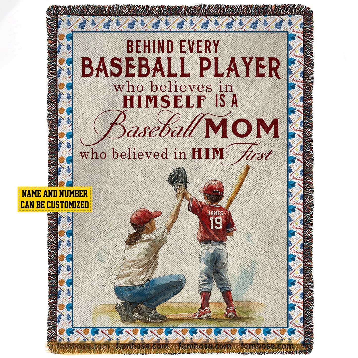Personalized Baseball Mom Son Fleece Blanket, Behind Every Baseball Player Sport Woven Blanket, Cool Sherpa Blanket Gift For Baseball Lovers