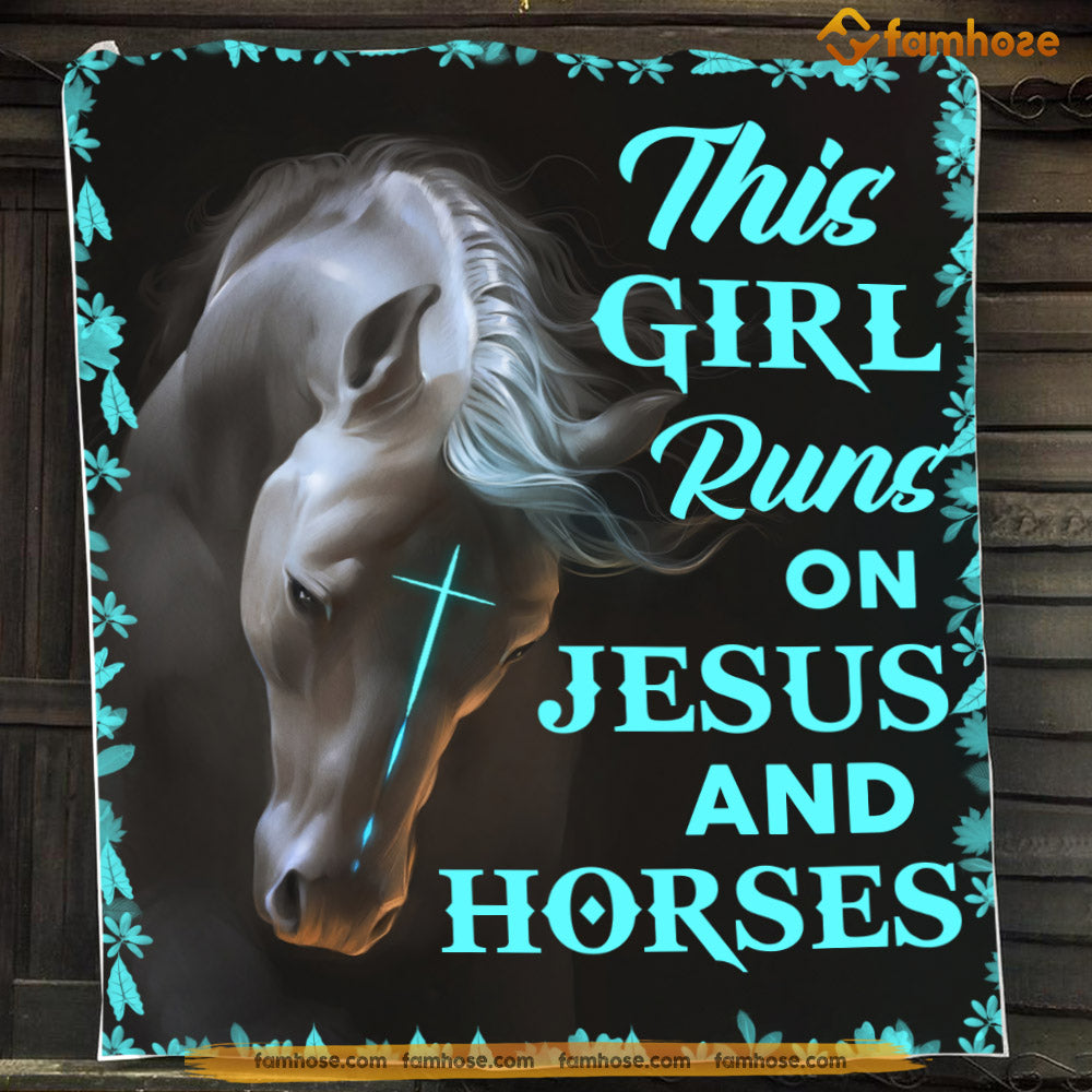 Horse Blanket, This Girl Runs On Jesus And Horses Fleece Blanket - Sherpa Blanket Gift For Horse Lovers