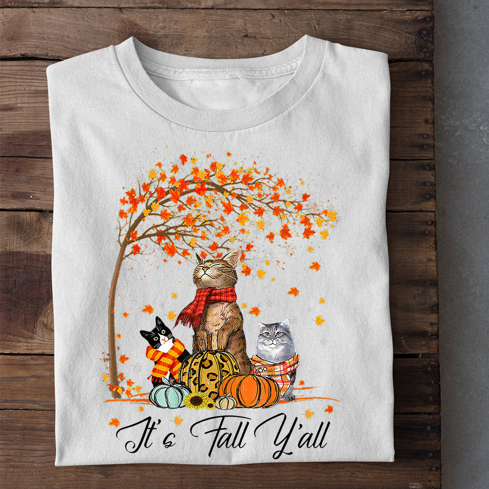 Thanksgiving Cat T-shirt, It's Fall Y'all Cat Under A Tree, Gift For Cat Lovers, Cat Owners, Cat Tees