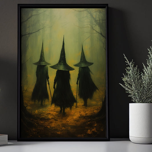 Three Young Witches Walking In Forest Vintage Gothic Canvas Wall Art Print - Dark Surreal Mythical Witch Halloween Poster Gift