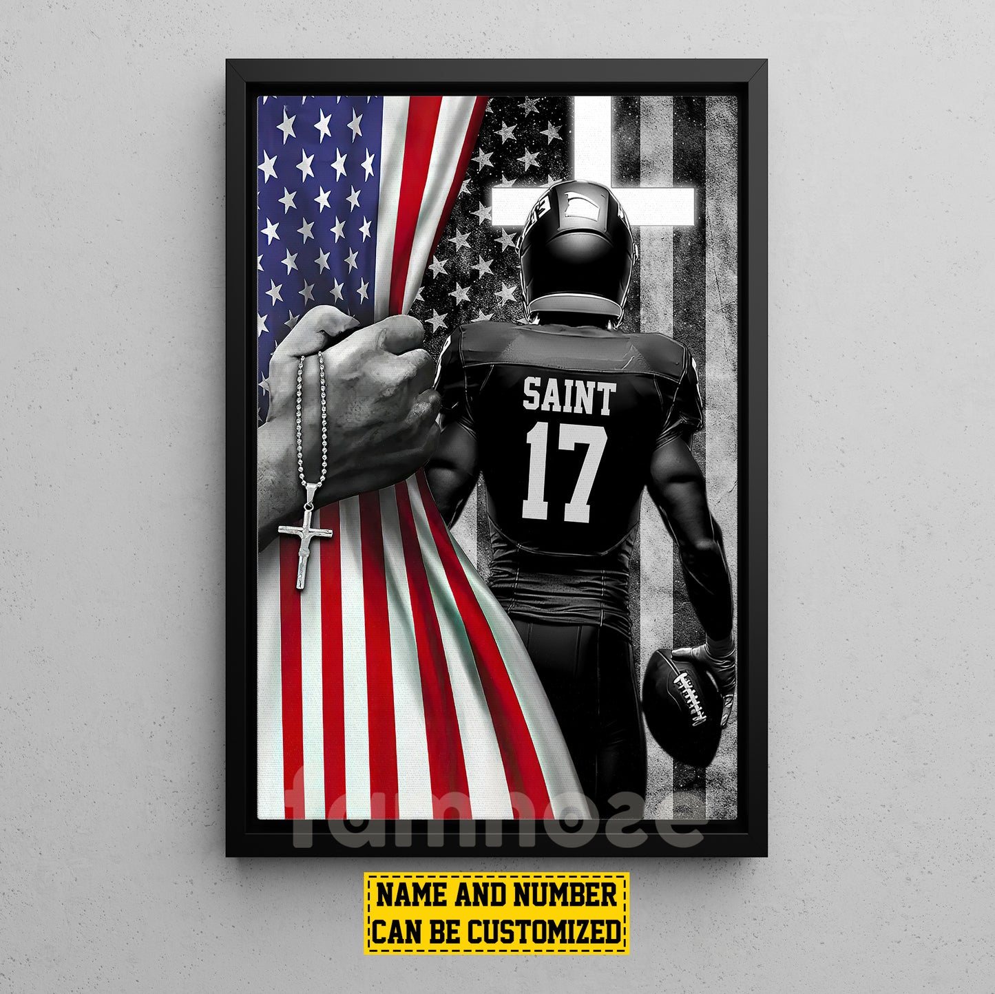 Personalized Football Boy Canvas Painting, Pose With USA Flag, Wall Art Decor, Poster Gift For Football Lovers, Football Players