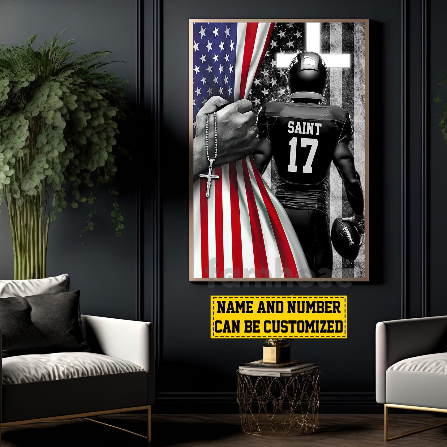 Personalized Football Boy Canvas Painting, Pose With USA Flag, Wall Art Decor, Poster Gift For Football Lovers, Football Players