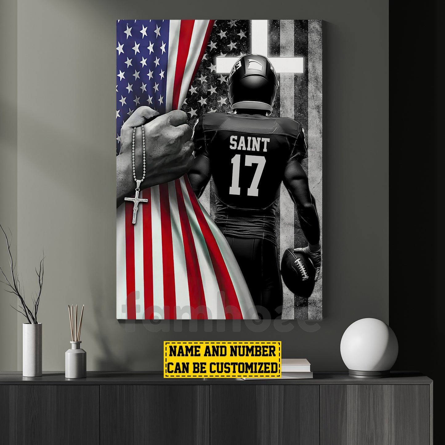 Personalized Football Boy Canvas Painting, Pose With USA Flag, Wall Art Decor, Poster Gift For Football Lovers, Football Players