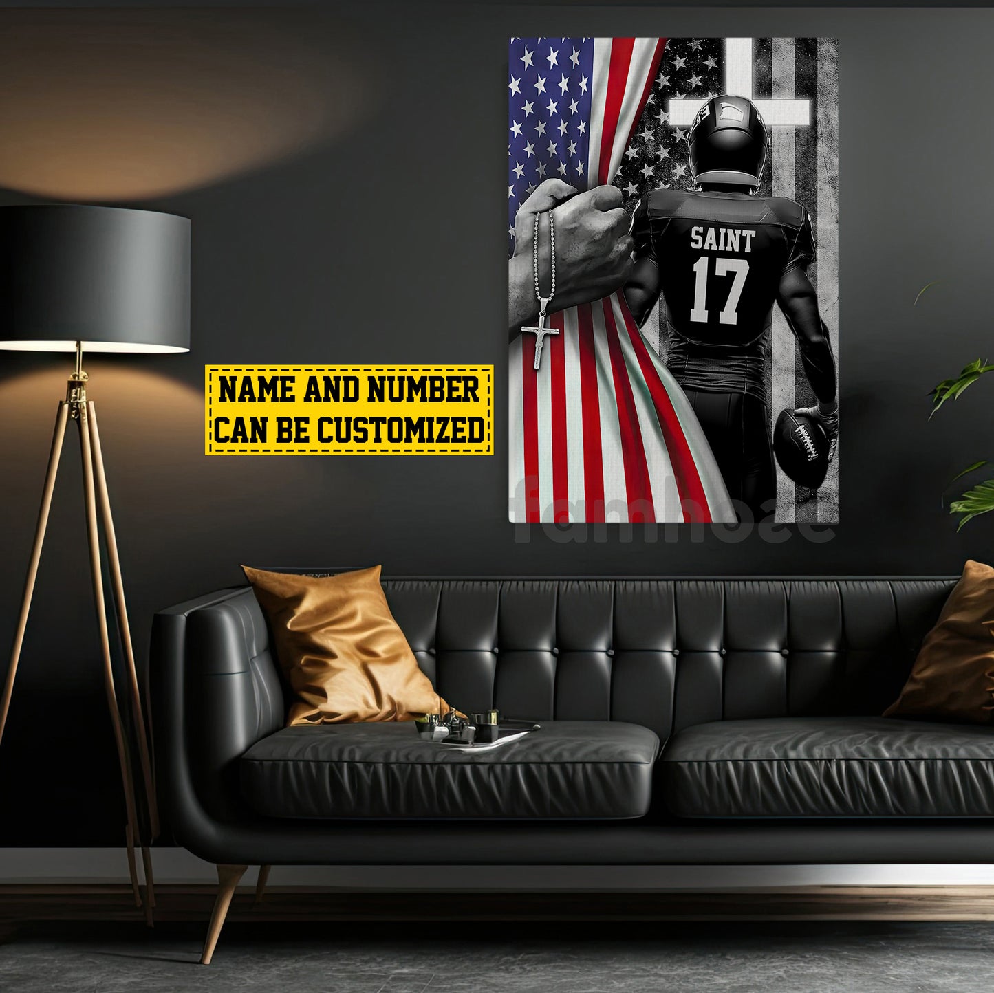 Personalized Football Boy Canvas Painting, Pose With USA Flag, Wall Art Decor, Poster Gift For Football Lovers, Football Players