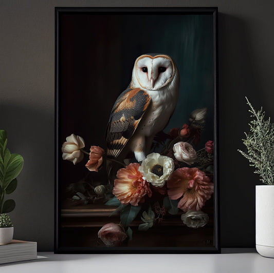 Victorian Owl Stands On Flowers, Gothic Owl Canvas Painting, Wall Art Decor - Owl Poster Gift