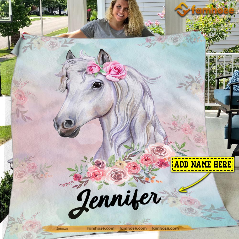 Personalized Horse Blanket, Cute Flower Horse, Horse Fleece Blanket - Sherpa Blanket Gift For Horse Lover