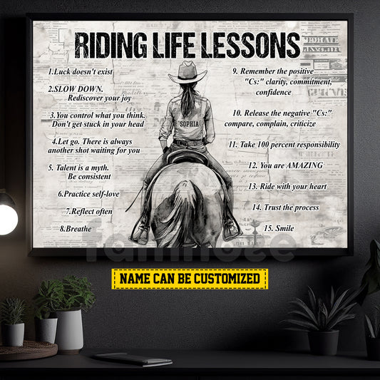 Vintage Personalized Cowgirl Canvas Painting, Riding Life Lessons Cool Quotes Wall Art Decor, Poster Gift For Horse Riding Lovers