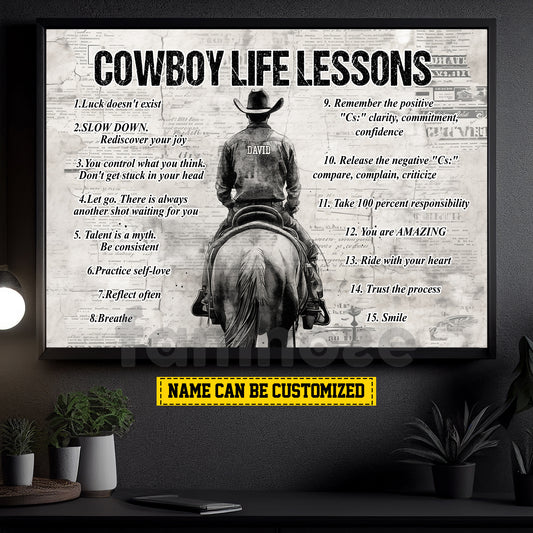 Vintage Personalized Cowboy Canvas Painting, Cowboy Life Lessons Cool Quotes Wall Art Decor, Poster Gift For Cowboy Lovers