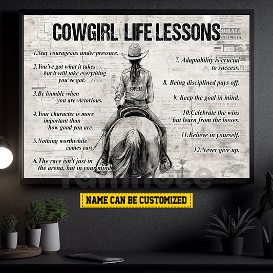 Vintage Personalized Cowgirl Canvas Painting, Cowgirl Life Lessons Cool Quotes Wall Art Decor, Poster Gift For Cowgirl Lovers