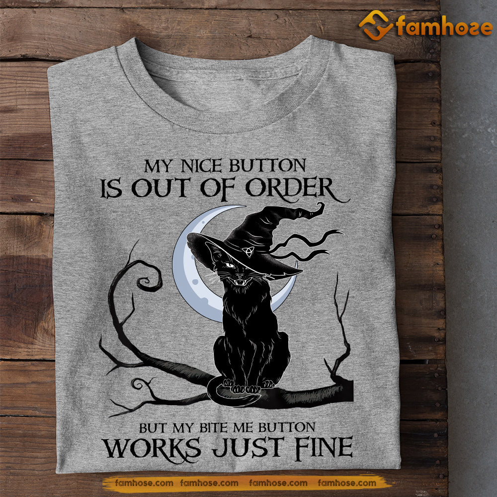 Cool Halloween Black Cat T-shirt, My Nice Button Is Out Of Order, Halloween Gift For Cat Lovers, Cat Tees, Cat Owners