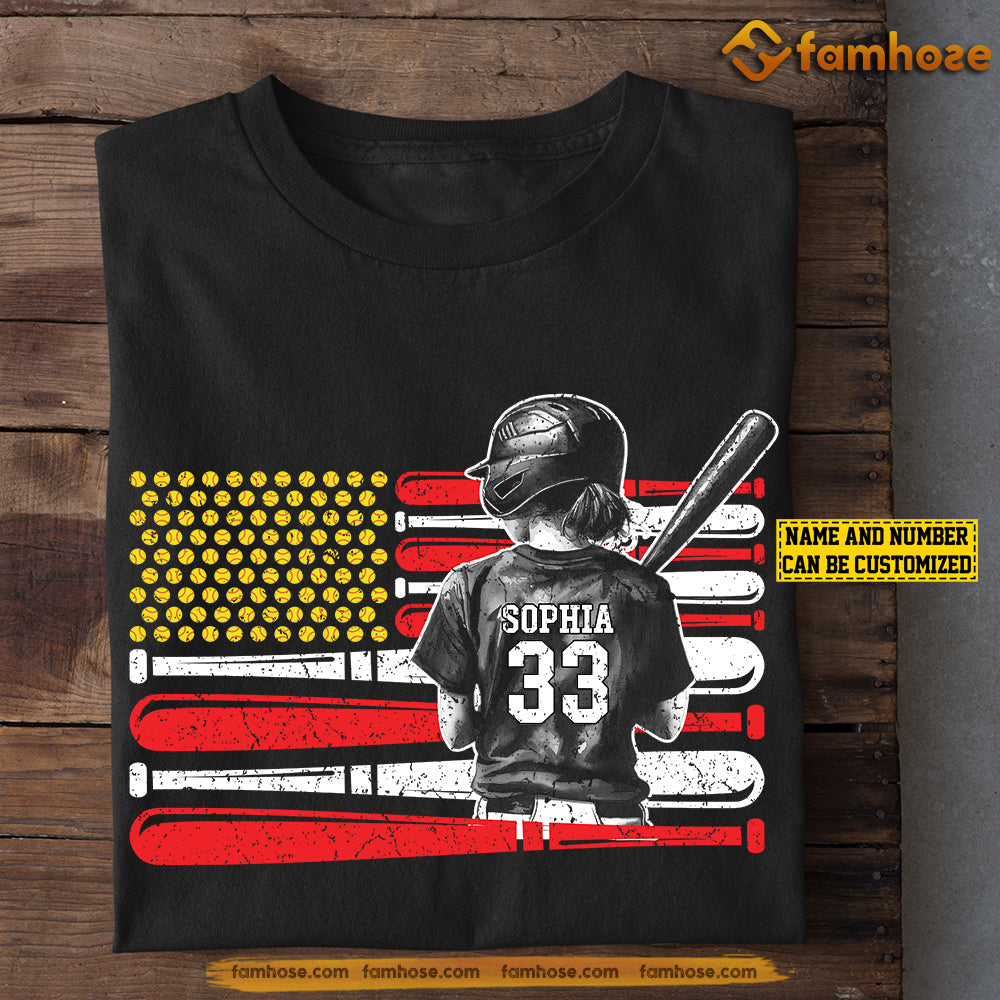 Personalized Softball Girl July 4th T-shirt, USA Softball Flag Sport Tees Gift For Softball Lovers