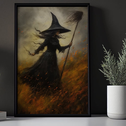 The Baby Witch Romp In The Field Canvas Wall Art Print - Dark Academia Witchy Halloween Poster Gift For Decorating Your Home