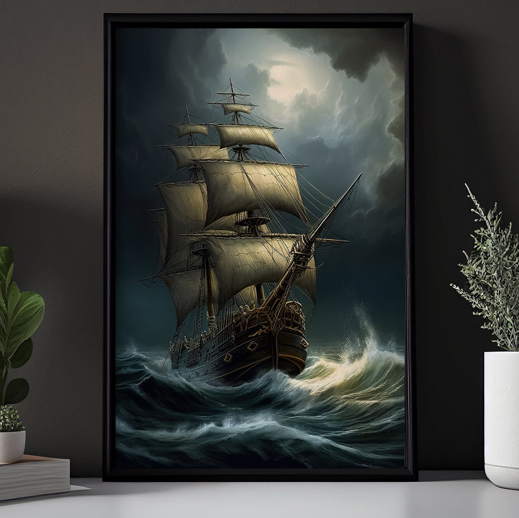 Vintage Pirate Ship In The Storm, Boat Canvas Painting, Wall Art