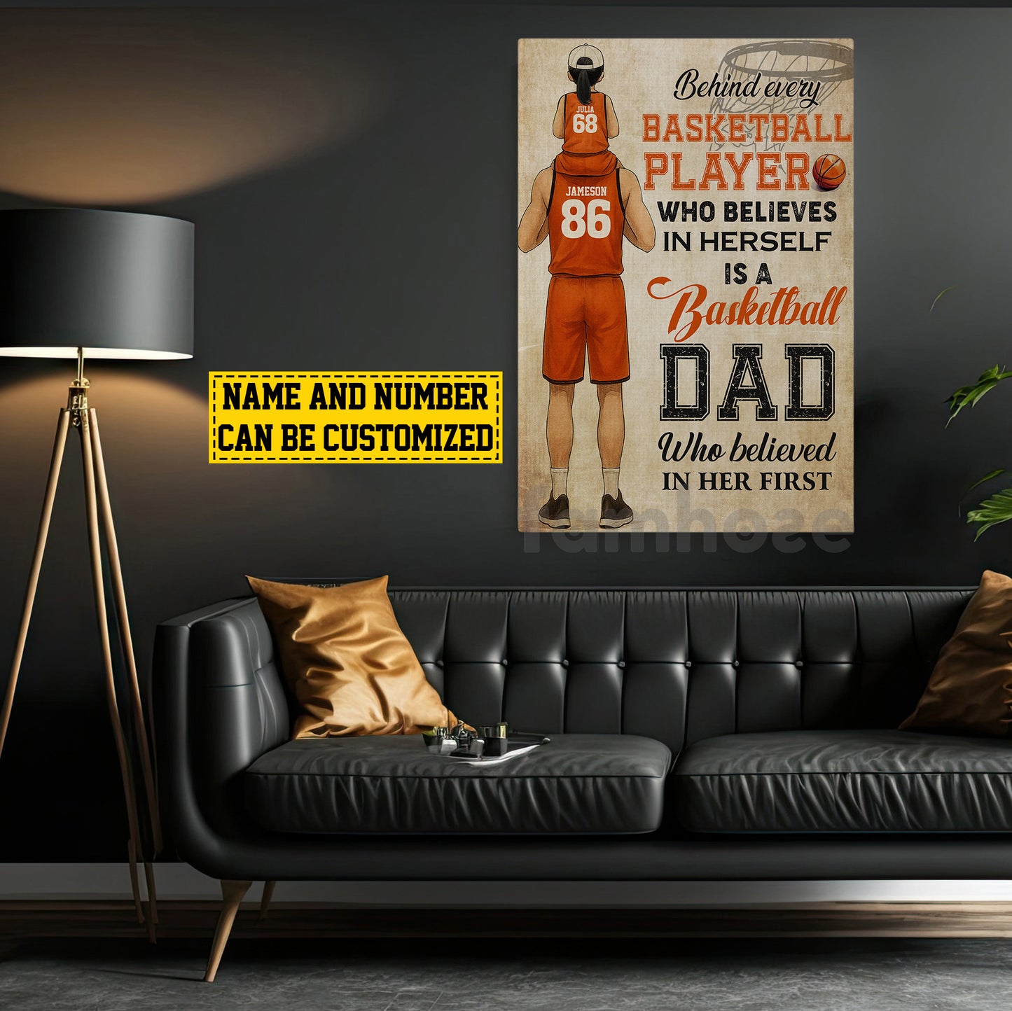 Personalized Basketball Dad Daughter Canvas Painting, Behind Every Basketball Player Sports Wall Art Decor, Poster Father's Day Gift For Basketball Lovers