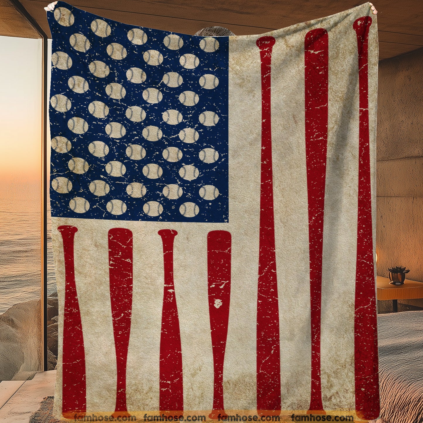 July 4th Baseball Fleece Blanket, American Flag Made From Baseball Sport Woven Blanket, Cool Sherpa Blanket Independence Day Gift For Baseball Lovers