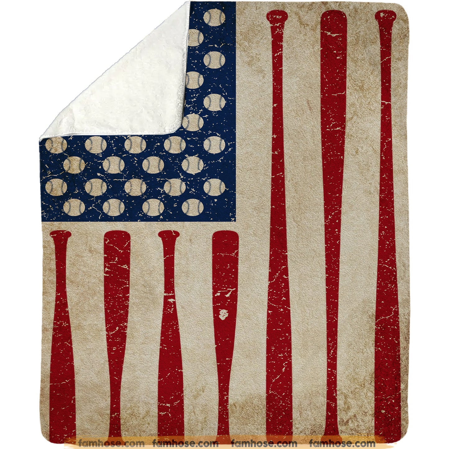 July 4th Baseball Fleece Blanket, American Flag Made From Baseball Sport Woven Blanket, Cool Sherpa Blanket Independence Day Gift For Baseball Lovers