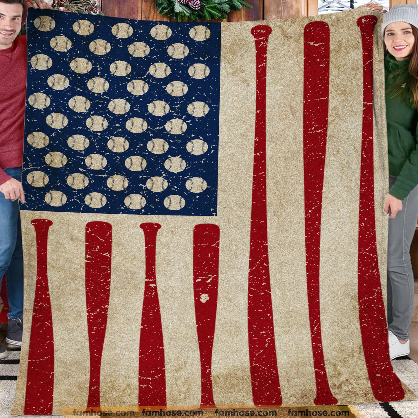 July 4th Baseball Fleece Blanket, American Flag Made From Baseball Sport Woven Blanket, Cool Sherpa Blanket Independence Day Gift For Baseball Lovers