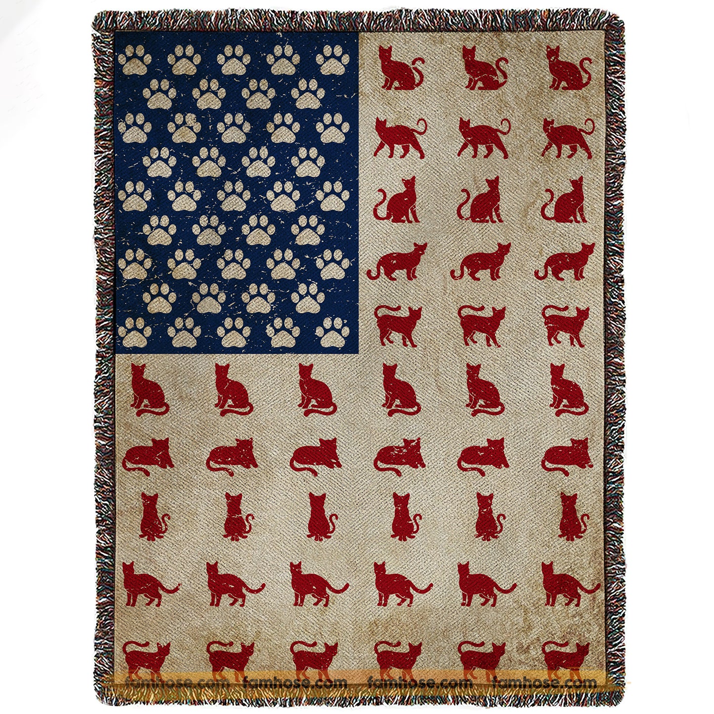 July 4th Cat Fleece Blanket, American Flag Made From Cat Woven Blanket, Sherpa Blanket Independence Day Gift For Cat Lovers