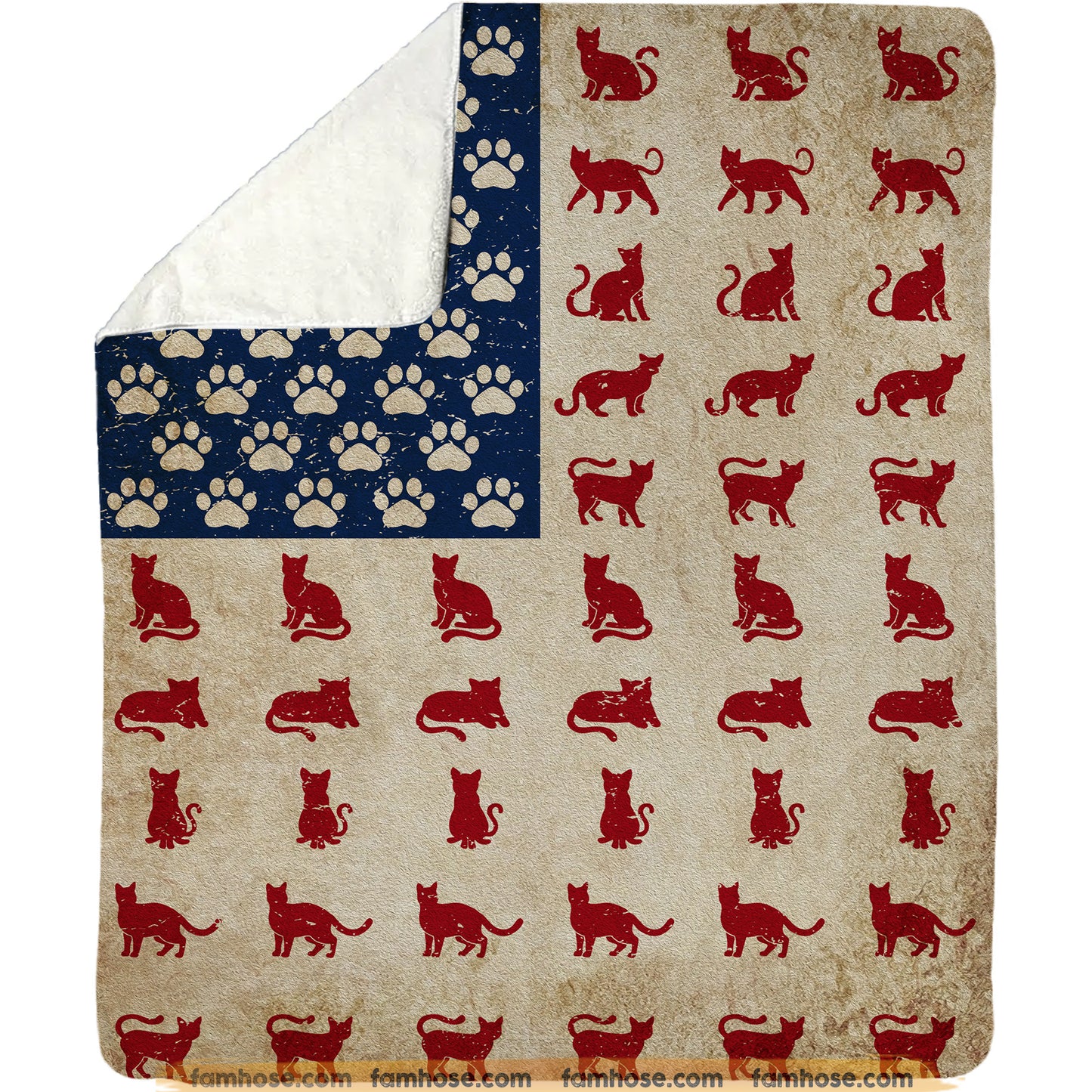 July 4th Cat Fleece Blanket, American Flag Made From Cat Woven Blanket, Sherpa Blanket Independence Day Gift For Cat Lovers