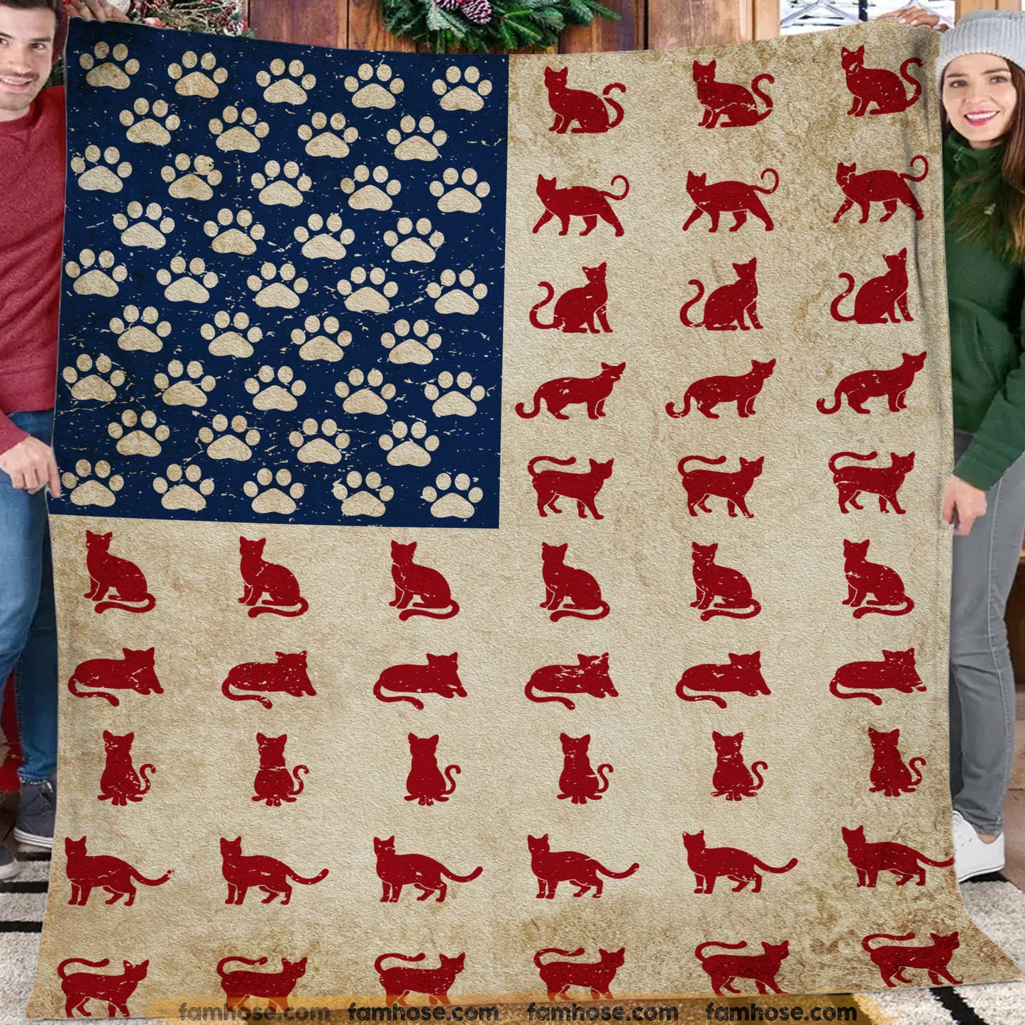 July 4th Cat Fleece Blanket, American Flag Made From Cat Woven Blanket, Sherpa Blanket Independence Day Gift For Cat Lovers