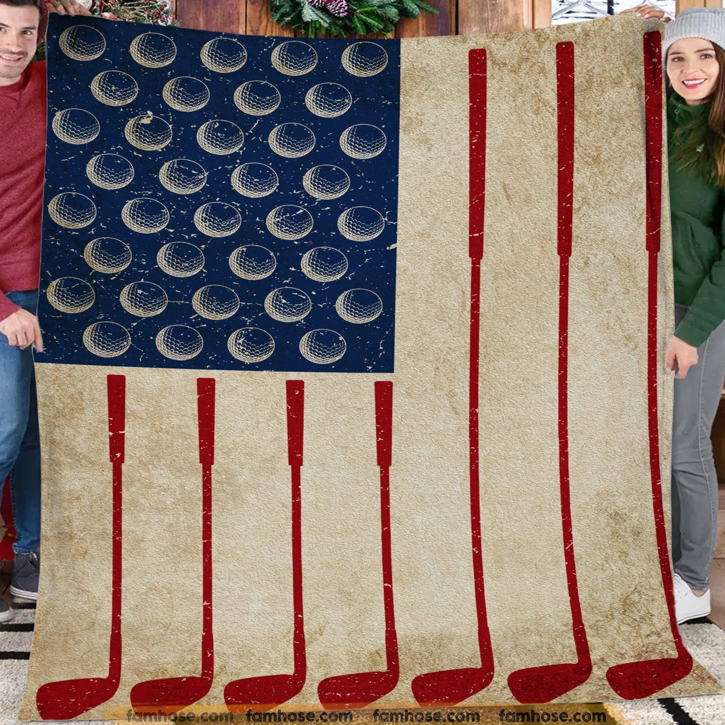 July 4th Golf Fleece Blanket, American Flag Made From Golf Sport Woven Blanket, Cool Sherpa Blanket Independence Day Gift For Golf Lovers