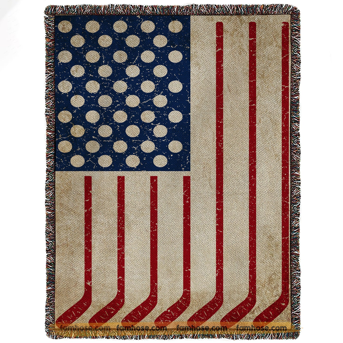 July 4th Hockey Fleece Blanket, American Flag Made From Hockey Sport Woven Blanket, Cool Sherpa Blanket Independence Day Gift For Hockey Lovers