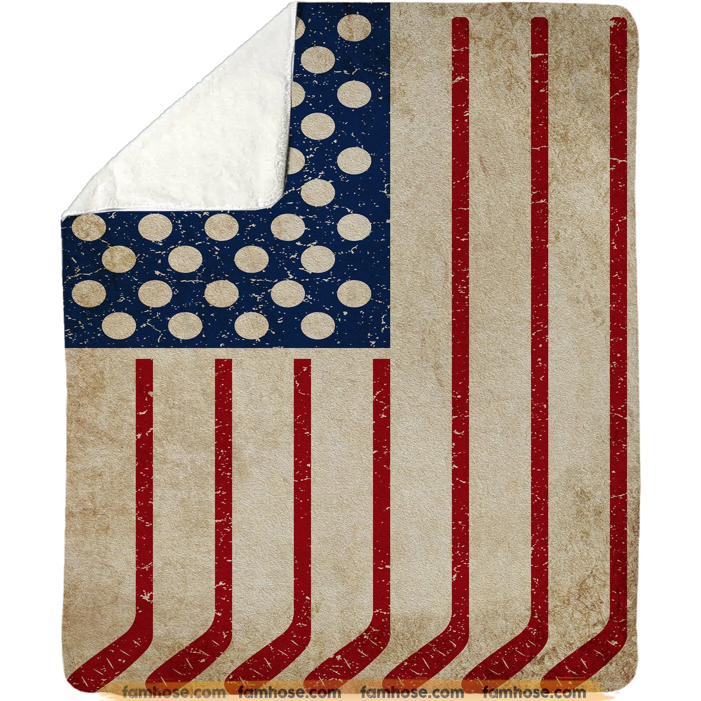 July 4th Hockey Fleece Blanket, American Flag Made From Hockey Sport Woven Blanket, Cool Sherpa Blanket Independence Day Gift For Hockey Lovers
