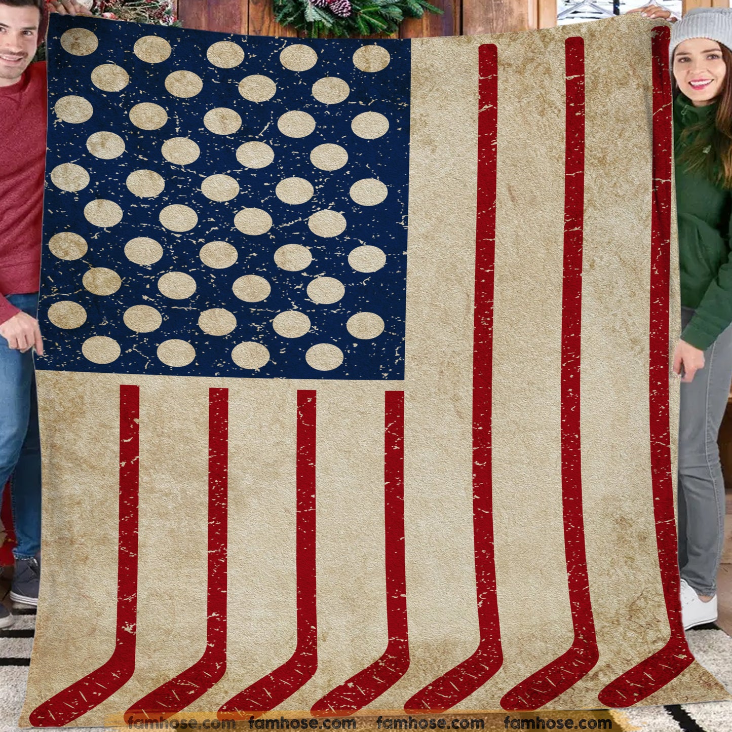 July 4th Hockey Fleece Blanket, American Flag Made From Hockey Sport Woven Blanket, Cool Sherpa Blanket Independence Day Gift For Hockey Lovers