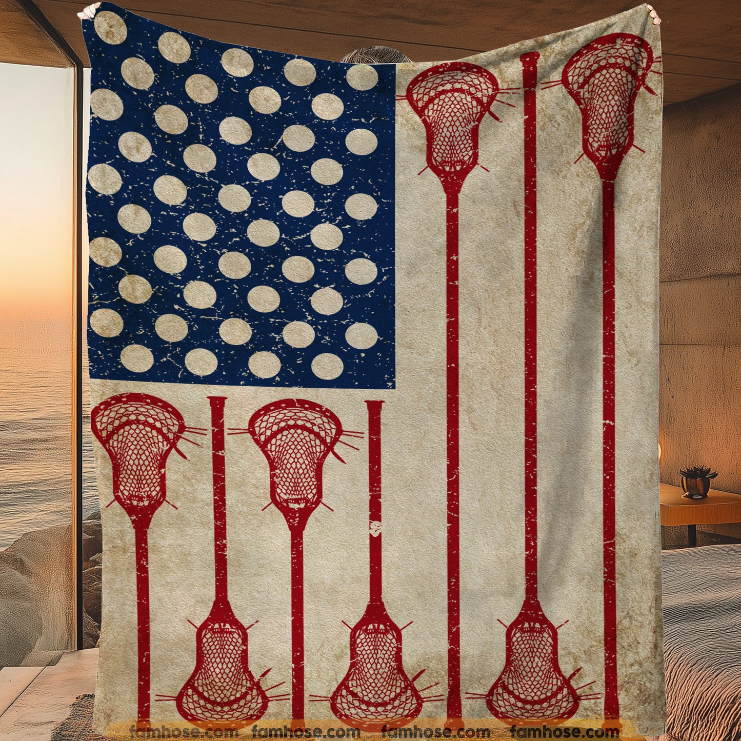 July 4th Lacrosse Fleece Blanket, American Flag Made From Lacrosse Sport Woven Blanket, Cool Sherpa Blanket Gift For Lacrosse Lovers