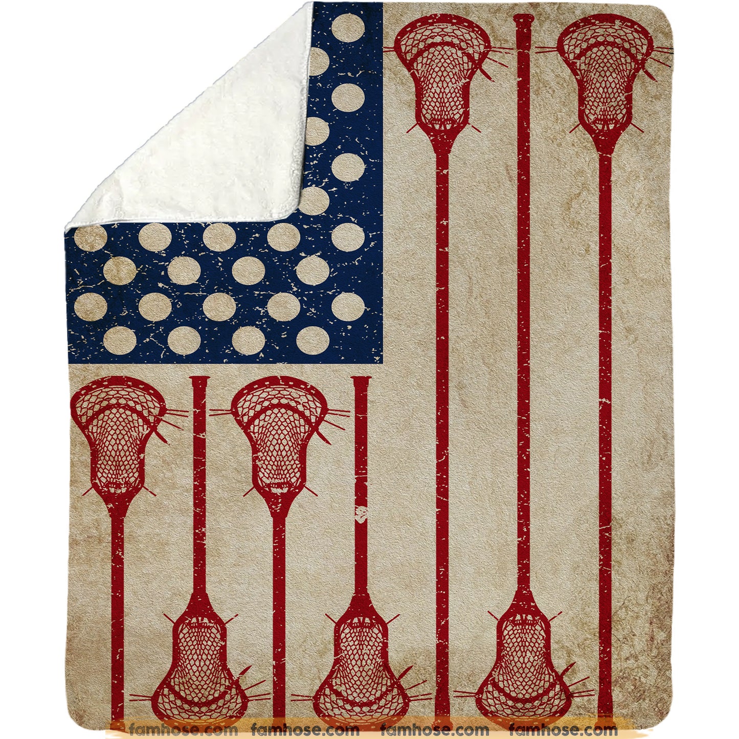 July 4th Lacrosse Fleece Blanket, American Flag Made From Lacrosse Sport Woven Blanket, Cool Sherpa Blanket Gift For Lacrosse Lovers