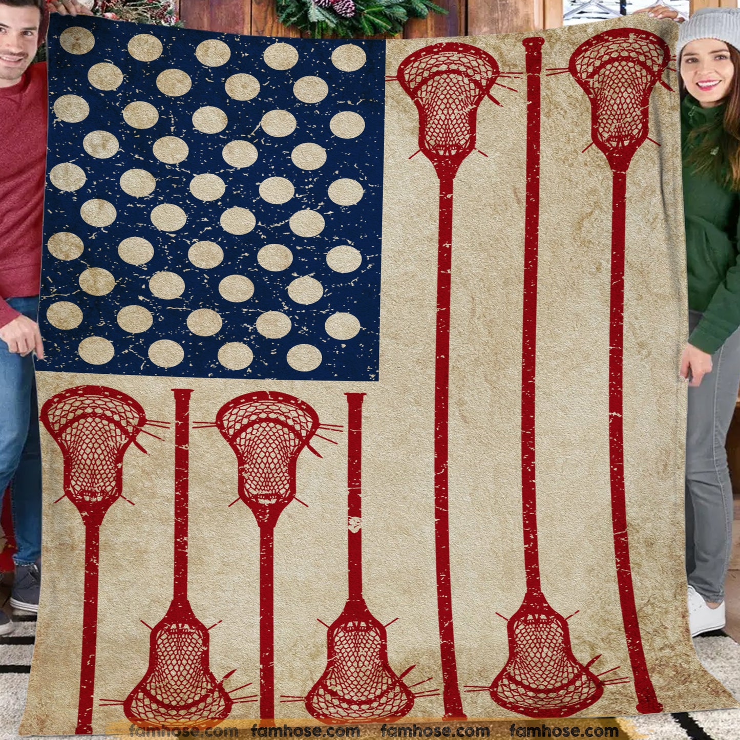 July 4th Lacrosse Fleece Blanket, American Flag Made From Lacrosse Sport Woven Blanket, Cool Sherpa Blanket Gift For Lacrosse Lovers