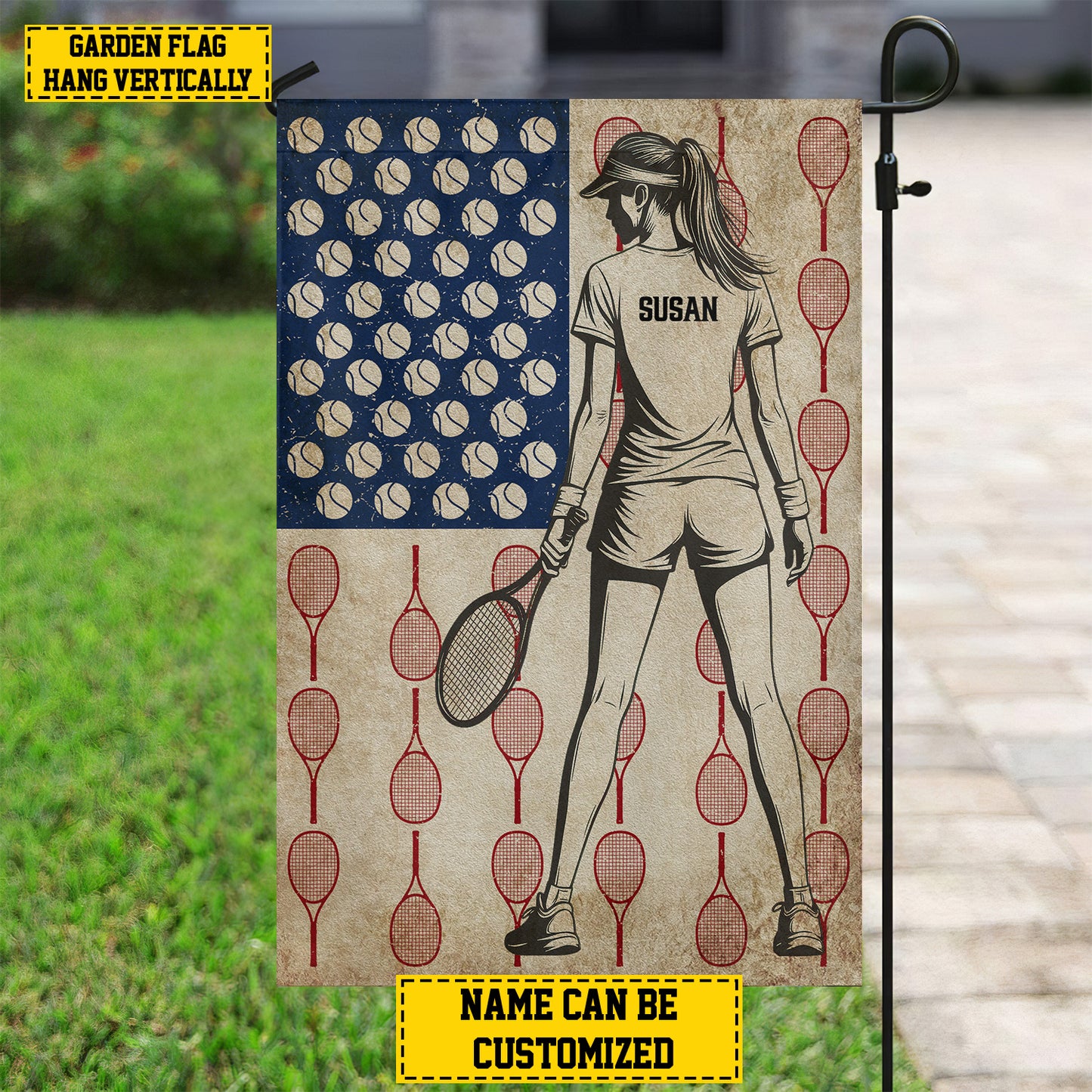 Personalized July 4th Tennis Girl American Garden Flag & House Flag, Independence Day Patriotic Tennis USA Yard Flag Gift For Tennis Lovers, Tennis Players