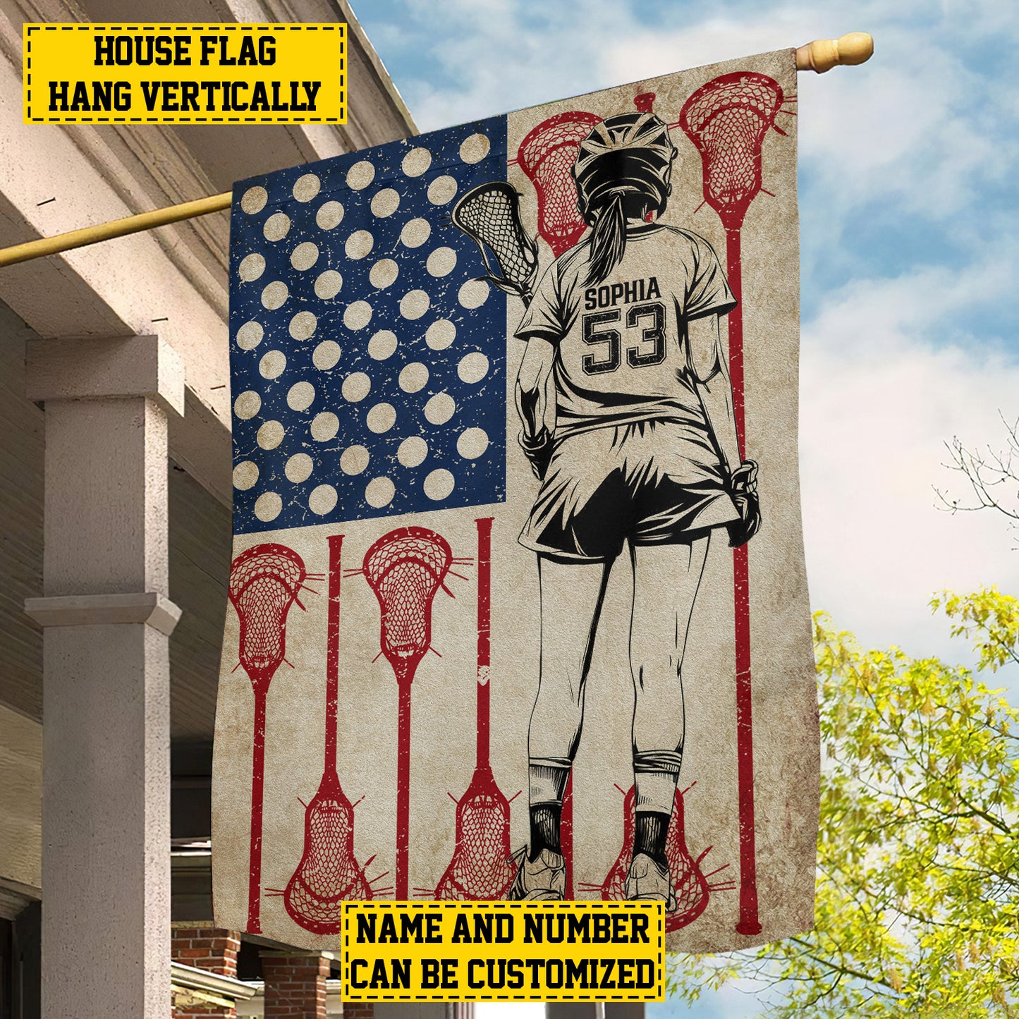 Personalized July 4th Lacrosse Girl American Garden Flag & House Flag, Independence Day Patriotic Lacrosse USA Yard Flag Gift For Lacrosse Lovers