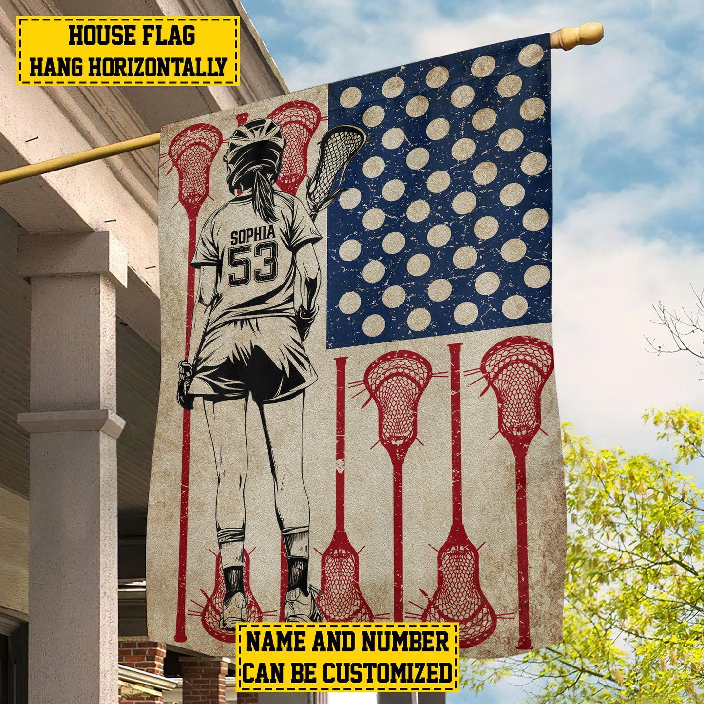 Personalized July 4th Lacrosse Girl American Garden Flag & House Flag, Independence Day Patriotic Lacrosse USA Yard Flag Gift For Lacrosse Lovers