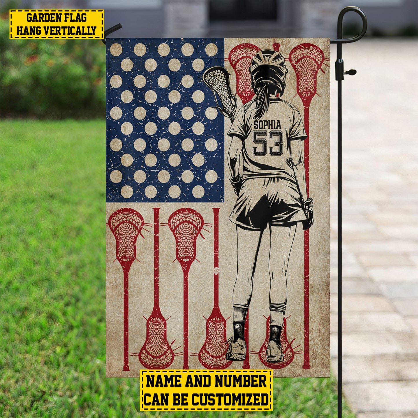 Personalized July 4th Lacrosse Girl American Garden Flag & House Flag, Independence Day Patriotic Lacrosse USA Yard Flag Gift For Lacrosse Lovers
