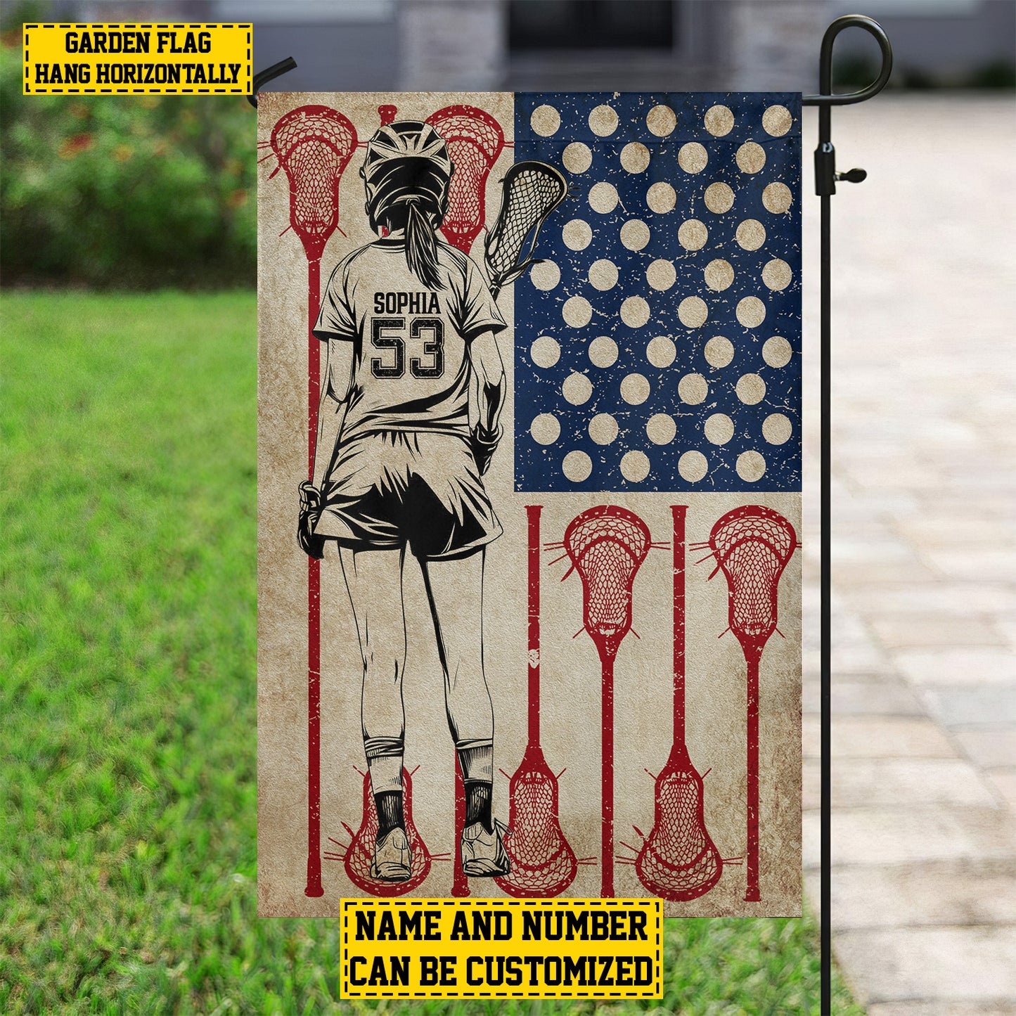 Personalized July 4th Lacrosse Girl American Garden Flag & House Flag, Independence Day Patriotic Lacrosse USA Yard Flag Gift For Lacrosse Lovers