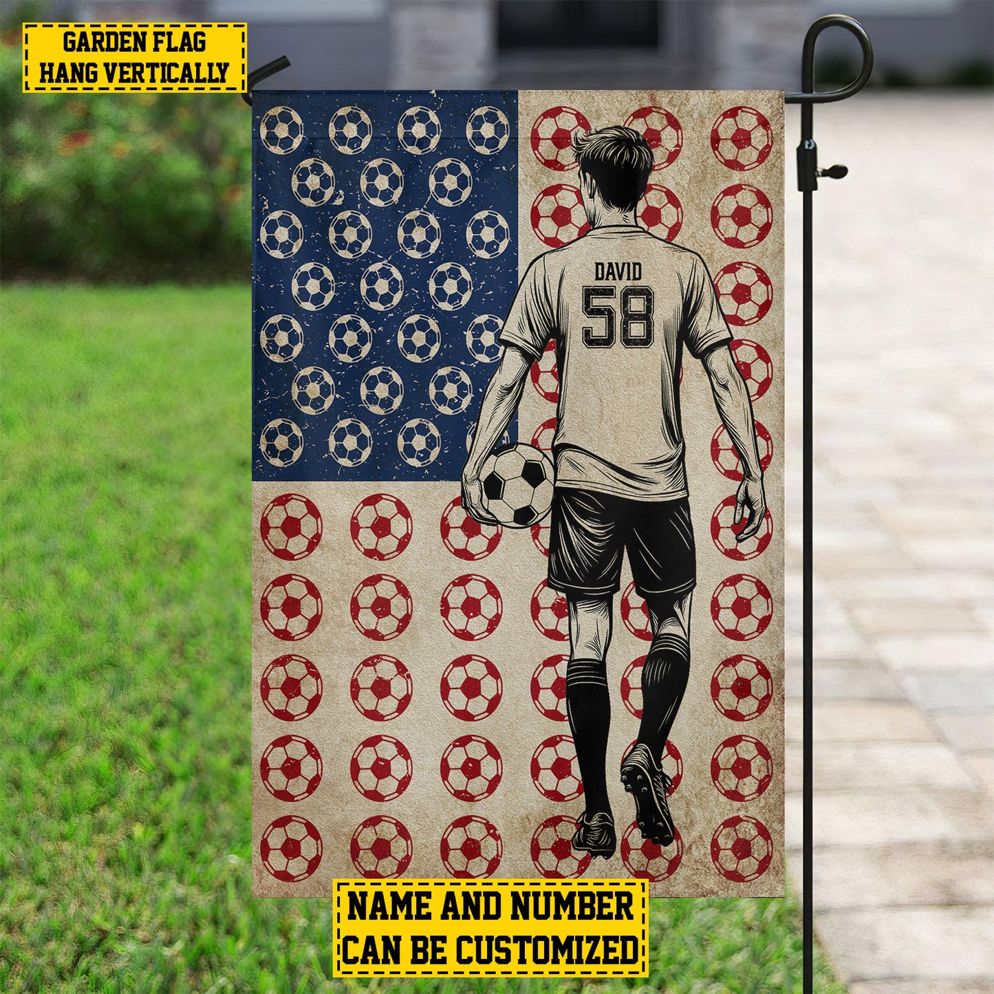 Personalized July 4th Soccer Man American Garden Flag & House Flag, Independence Day Patriotic Soccer USA Yard Flag Gift For Soccer Lovers